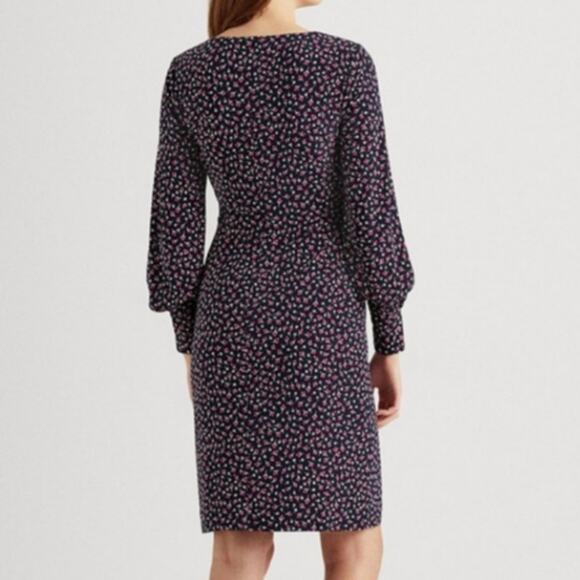 Lauren Ralph Lauren Faux Wrap Dress Sydnie Blue Pink Floral KnitJersey Size 8 - Picture 2 of 11